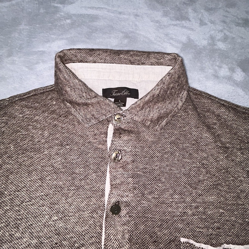 Tasso Elba Linen Blend Polo Shirt Large Brown Short Sleeve Textured Golf Classic